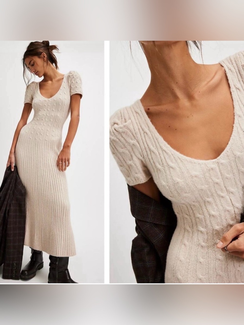 Free People Women's Cream Ribbed Knit Maxi Sweater Dress V Neck Size Medium